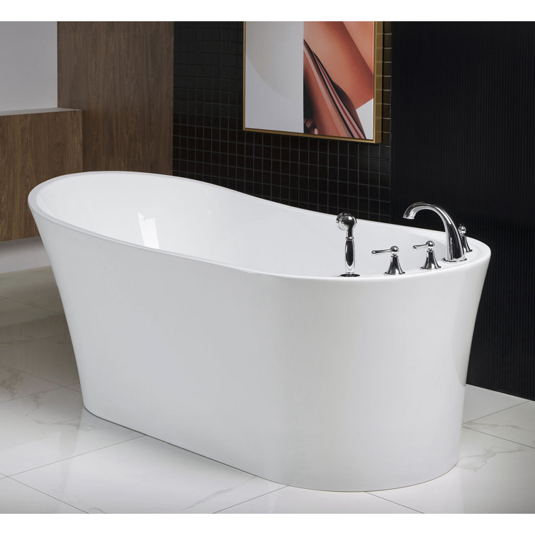WoodBridge 67" x 32" Freestanding Soaking Acrylic Reversible Drain Bathtub & Faucet Set ...
